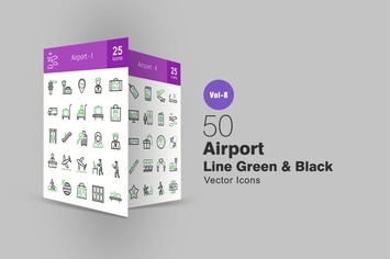 50 Airport Green & Black Line Icons