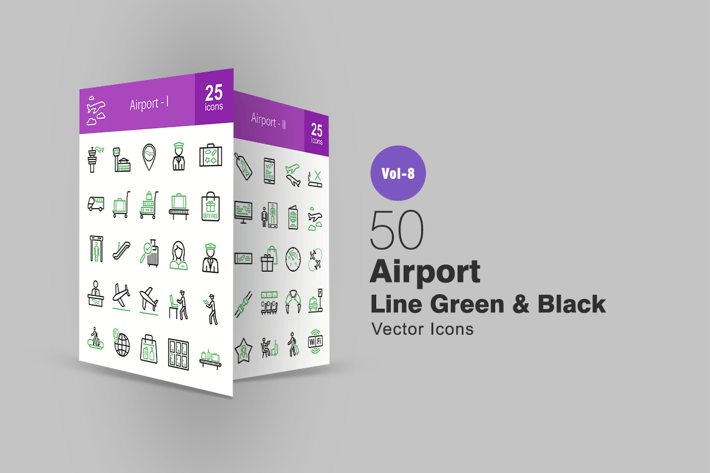 50 Airport Green & Black Line Icons