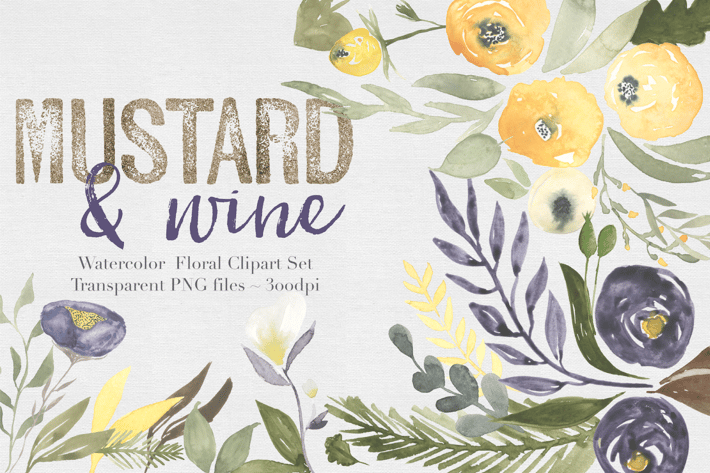 Mustard & Wine Watercolor Clipart Set