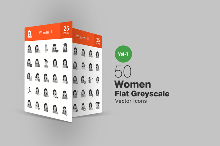50 Women Flat Greyscale Icons