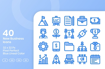 40 New Business Icons Set - Blue Lineal Color