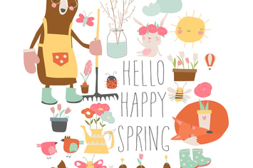 Cartoon characters and spring elements. Vector 