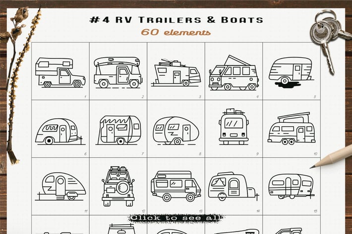 RV Trailers Icons Set Line Art Graphics Symbols