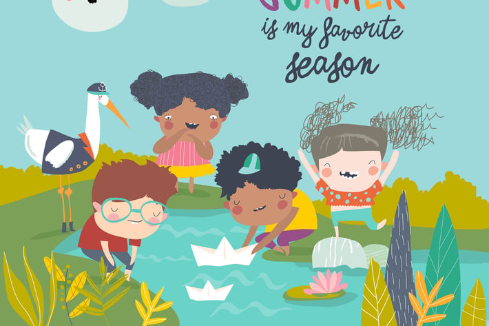 Happy children play with paper boat. Hello summer.