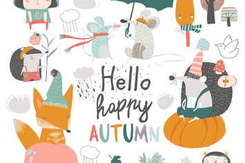 Fall set with cute forest animals in cartoon style