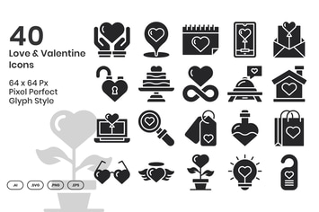 40 Love & Valentine Icons Set - Glyph