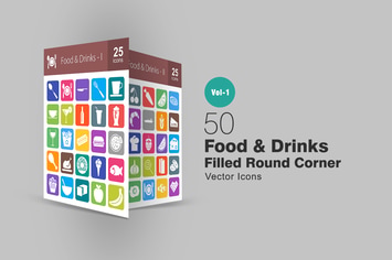 50 Food & Drinks Filled Round Corner Icons
