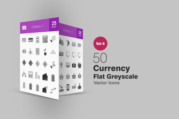 50 Currency Flat Greyscale Icons