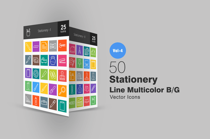 50 Stationery Line Multicolor Icons