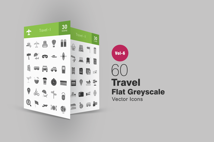 60 Travel Flat Greyscale Icons