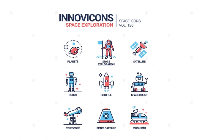 Space exploration - line design style icons set