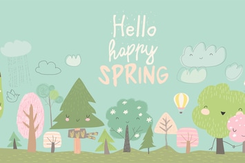 Cute spring trees. Cartoon spring tree on blue bac