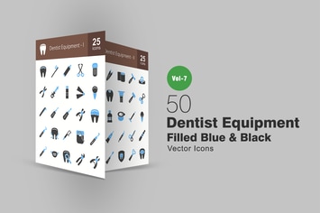 50 Dentist Equipment Blue & Black Icons