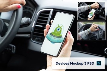 Smart Watch and Phone in Car Interior Mockup 3 PSD