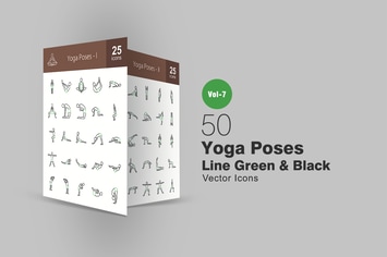 50 Yoga Poses Line Green & Black Icons