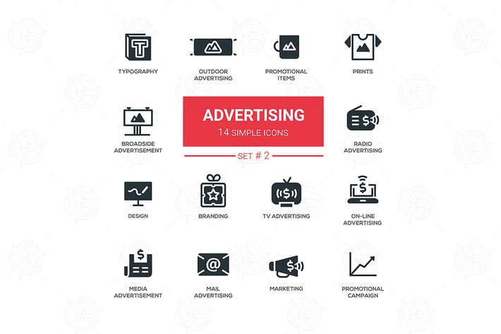 Advertising - modern simple icons, pictograms set