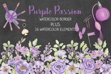 Purple Watercolor Floral Border Plus Elements