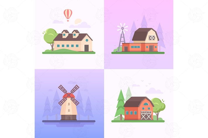 Country landscape - set of flat illustrations