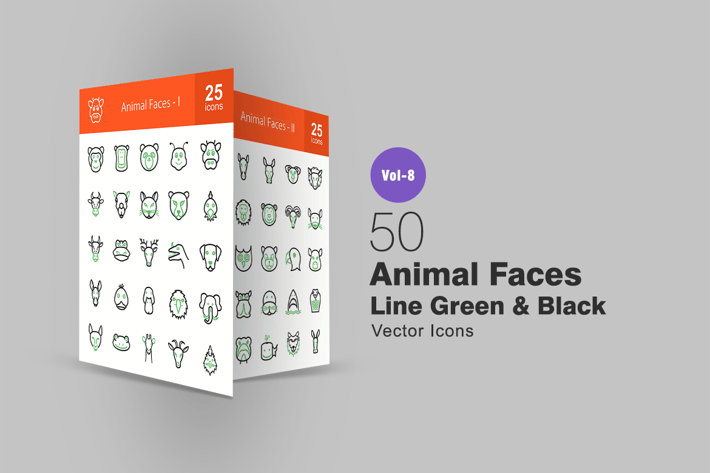 50 Animal Faces Green & Black Line Icons