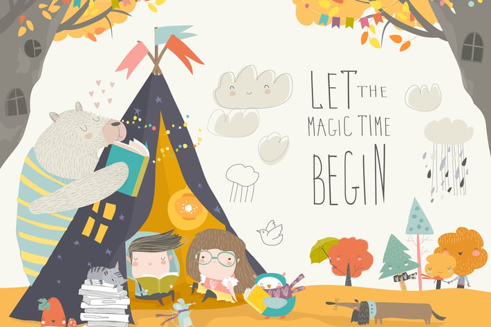 Kids reading book with animals in a teepee tent . 