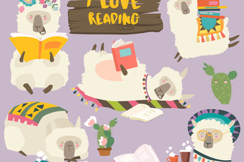 Funny cartoon llamas alpaca reading books. Vector