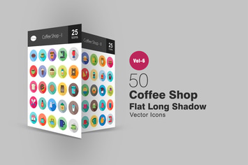 50 Coffee Shop Flat Shadowed Icons