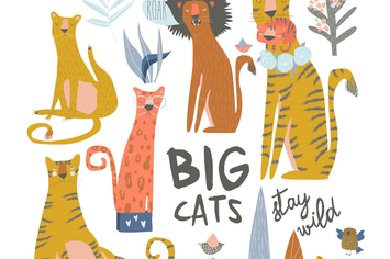 Set of cartoon wild cats. Lion,tiger,leopard Vecto