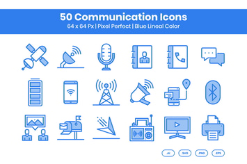 50 Communication Icons Set - Blue Lineal Color