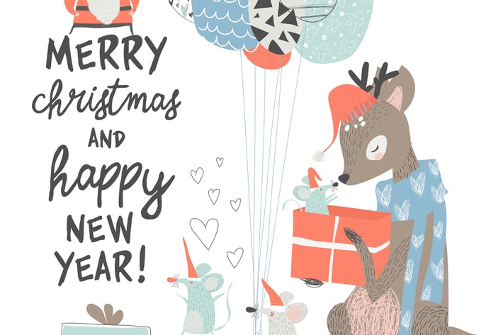Vector Greeting Christmas card with cute deer and 