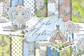 Boho Elephant Blue Cute digital paper