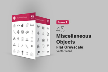 45 Miscellaneous Objects Flat Greyscale Icons