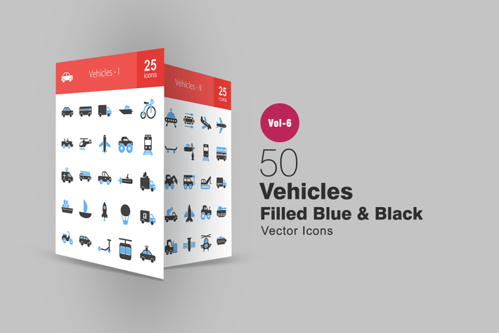 50 Vehicles Blue & Black Icons
