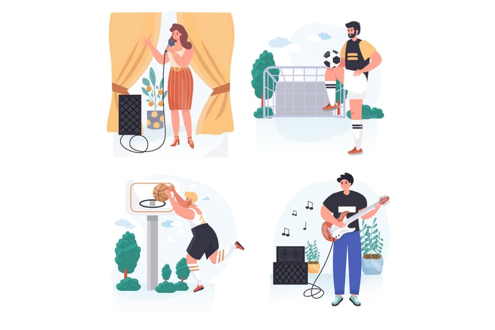 People Do Their Favorite Hobby Concept Scenes Set