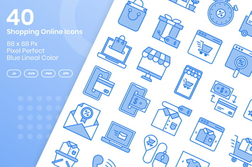 40 Shopping Online Icons Set - Blue Lineal Color