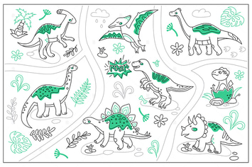 Life of Dinosaurs - Line Design Style Illustration