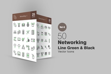 50 Networking Line Green & Black Icons