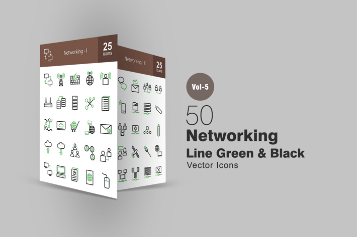 50 Networking Line Green & Black Icons