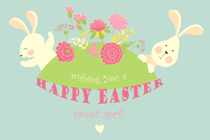 Cute easter bunnies with flowers. Vector 