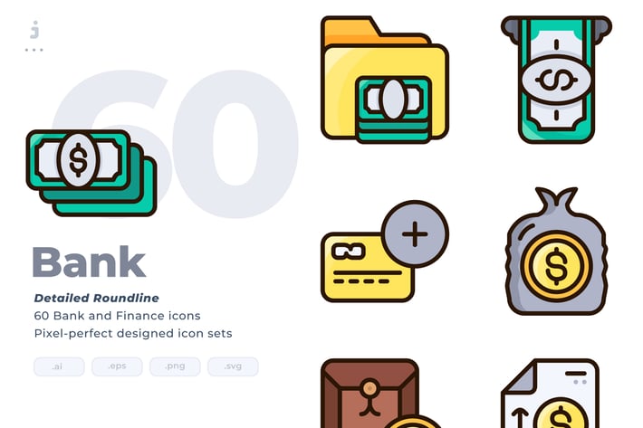 60 Bank Icon set - Detailed Round line