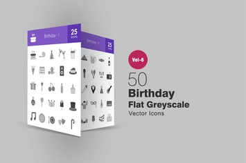 50 Birthday Flat Greyscale Icons