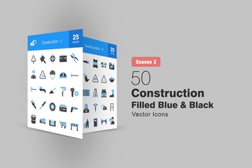 50 Construction Filled Blue & Black Icons