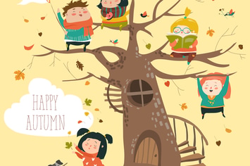 Happy children sitting on tree in autumn park. 