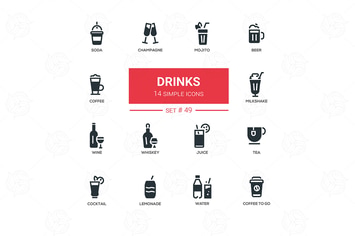 Alcohol and soft drinks - line design icons set