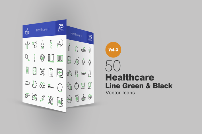 50 Healthcare Line Green & Black Icons