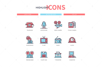 Retro devices - line design style icons set