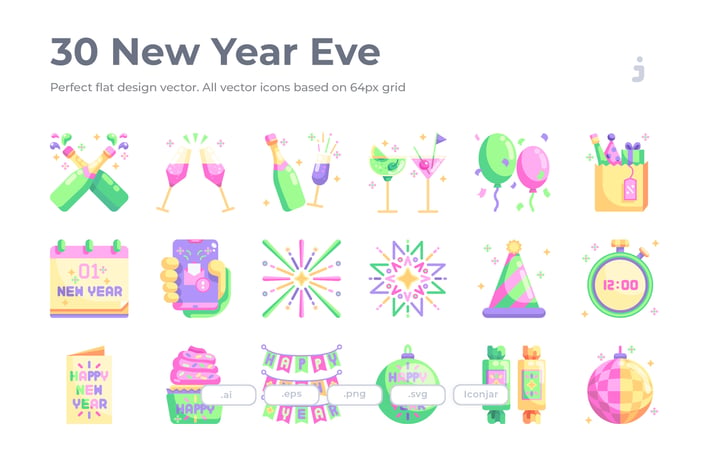 30 New Year Eve Icons - Flat