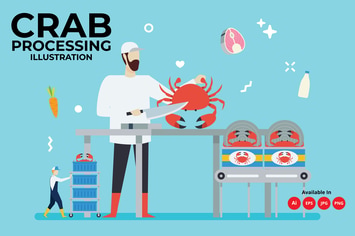 Crab processing illustration. Fishery illustration