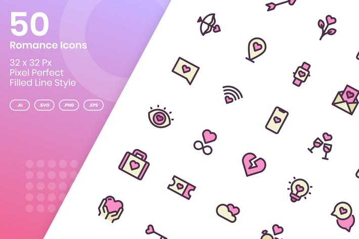 50 Romance Icons Set - Filled Line