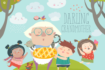 Granny and her grandchildren with cake. Vector 