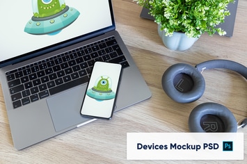 Phone and Laptop with Headphones - Mockup PSD